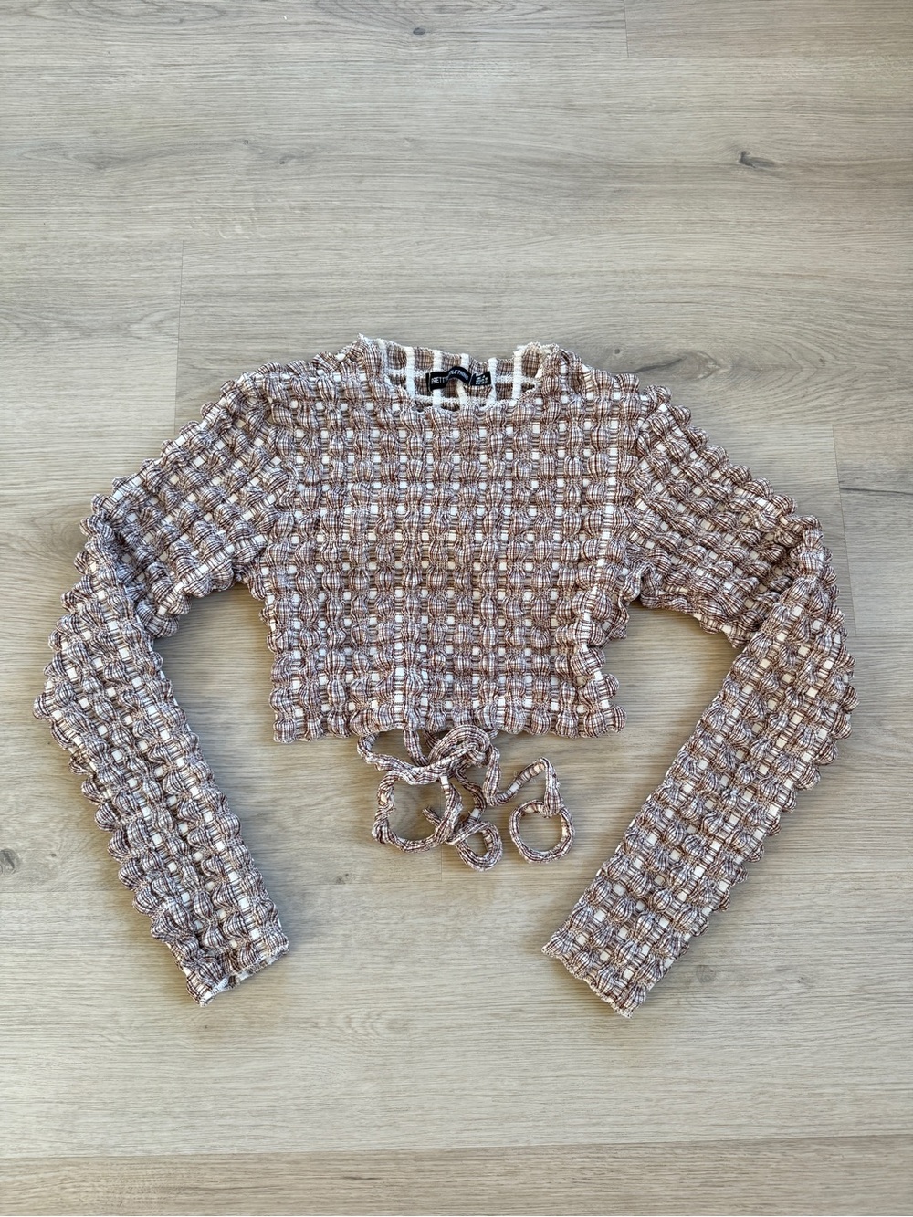 PrettyLittleThing Brown Plaid Cropped Tie-Waist Knit Top